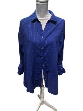 Lord & Taylor Woman Blue Button Down Metallic Stripes Size 1X